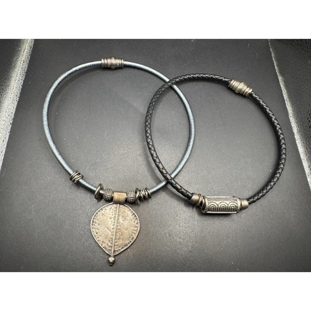 Vintage Silver Tribal Etched Braided Black Leather & Choker Necklace Lot of 2